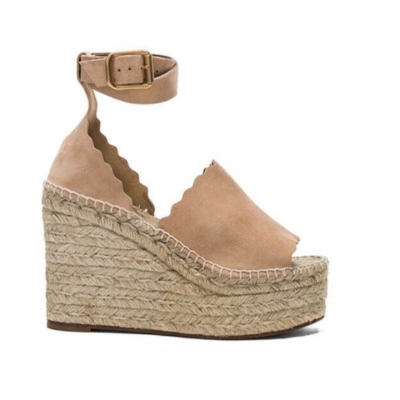 Chloe Shoes - Chloe Suede Leather Espadrille Wedges Pink Nude 40